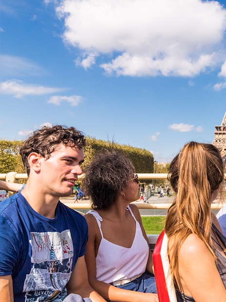 Tourists on a Big Bus tour near the Eiffel Tower in Paris.
