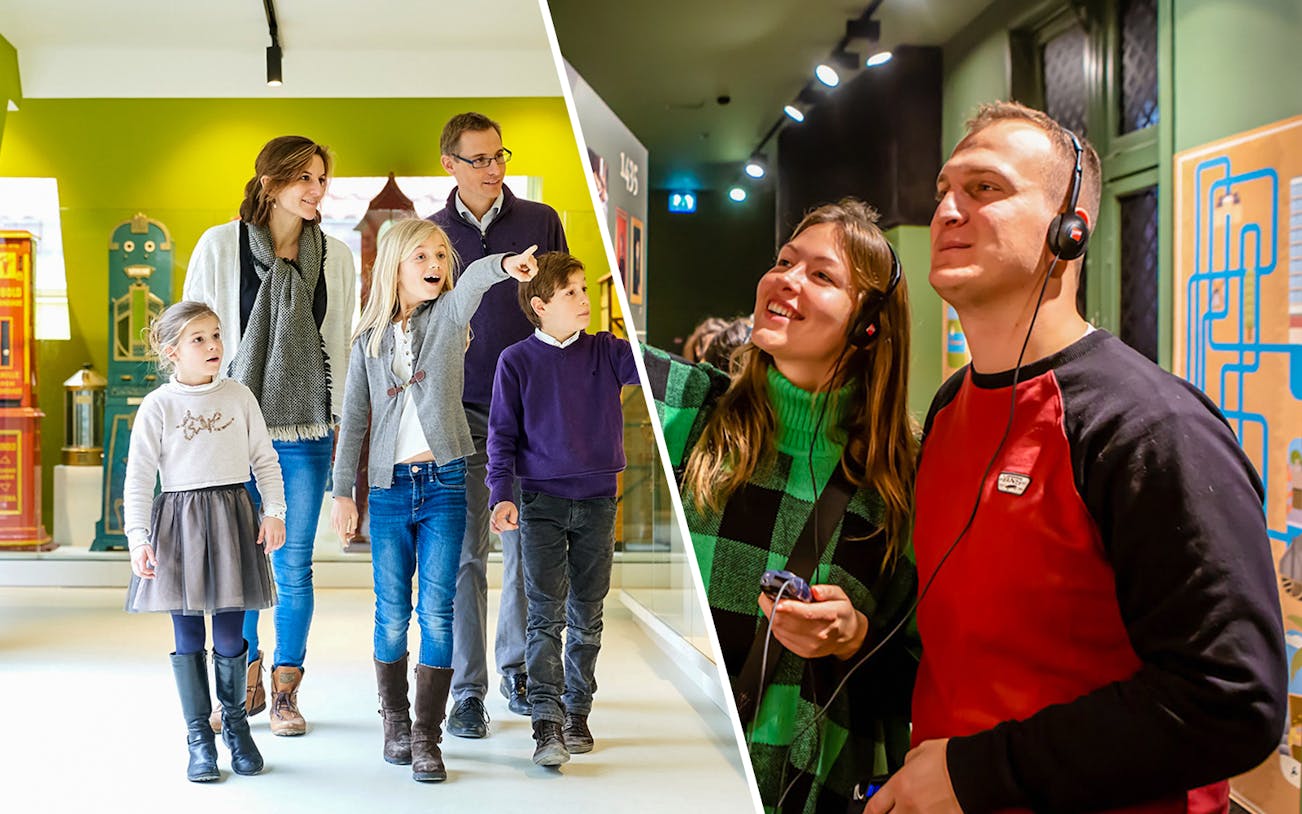 Family exploring Choco-Story Brussels Museum and couple enjoying Historium Bruges with audio guides.