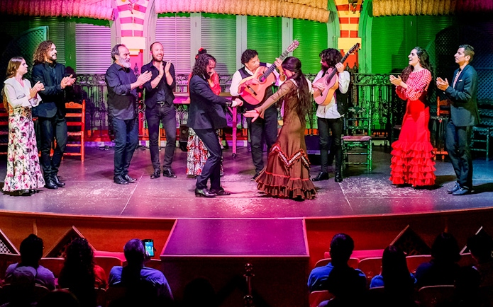 Flamenco dancers performing on stage at Only Flamenco, Seville.