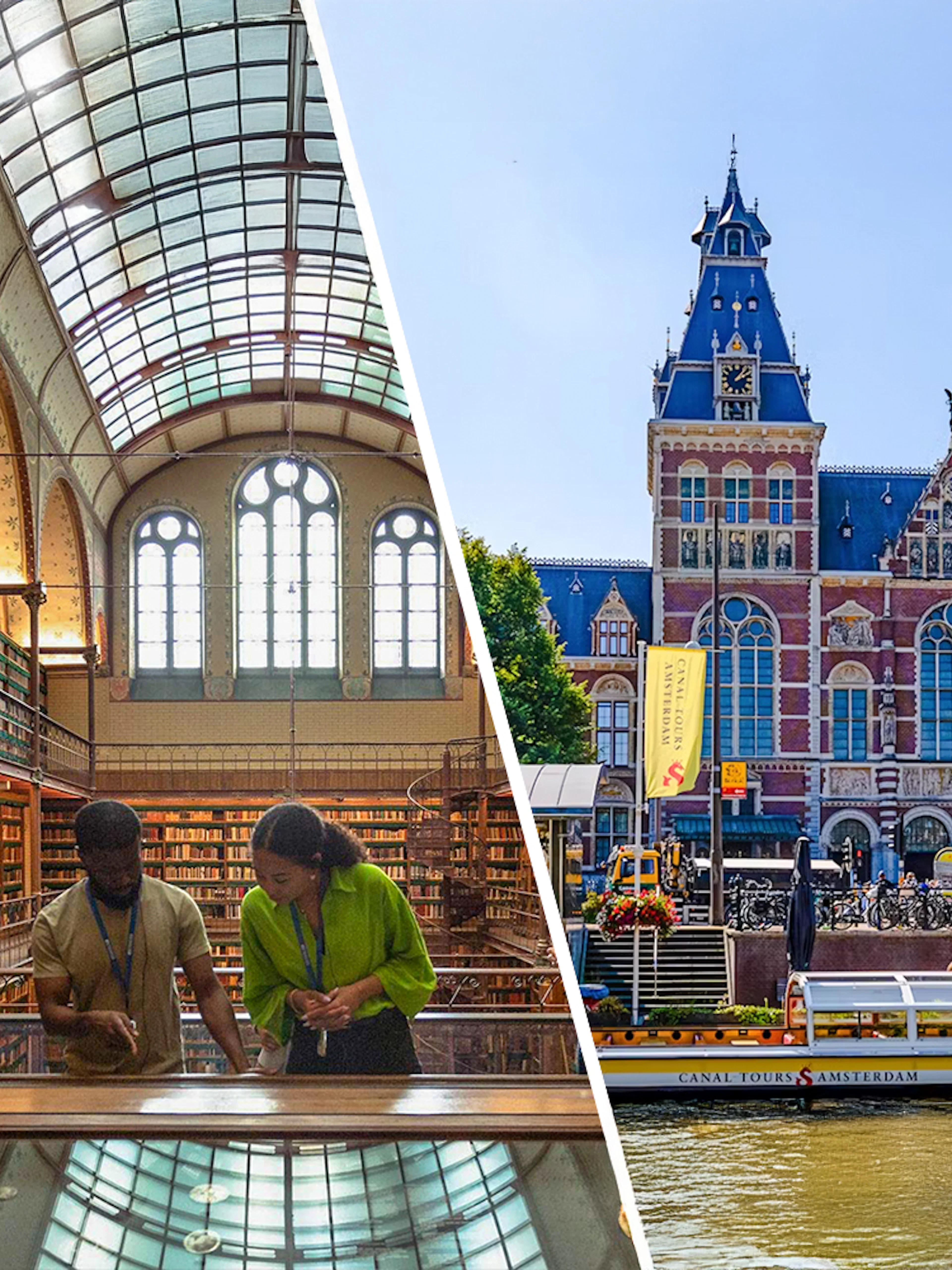 Rijksmuseum Amsterdam interior library and exterior canal view with tour boat.