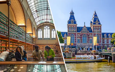 Rijksmuseum Amsterdam interior library and exterior canal view with tour boat.