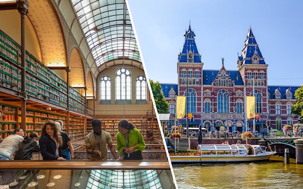 Rijksmuseum Amsterdam interior library and exterior canal view with tour boat.