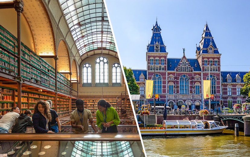 Rijksmuseum Amsterdam interior library and exterior canal view with tour boat.