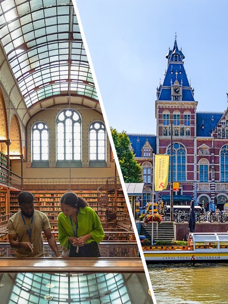 Rijksmuseum Amsterdam interior library and exterior canal view with tour boat.