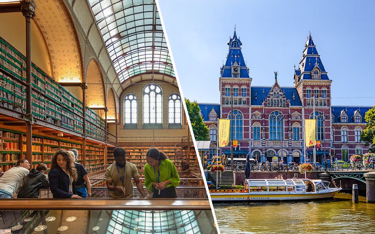 Rijksmuseum Amsterdam interior library and exterior canal view with tour boat.