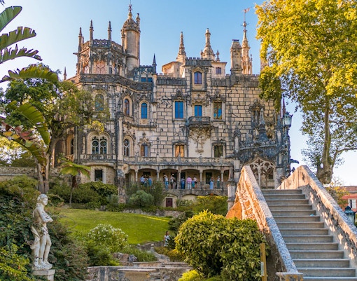 Quinta da Regaleira exterior with ornate Gothic architecture in Sintra, Portugal.