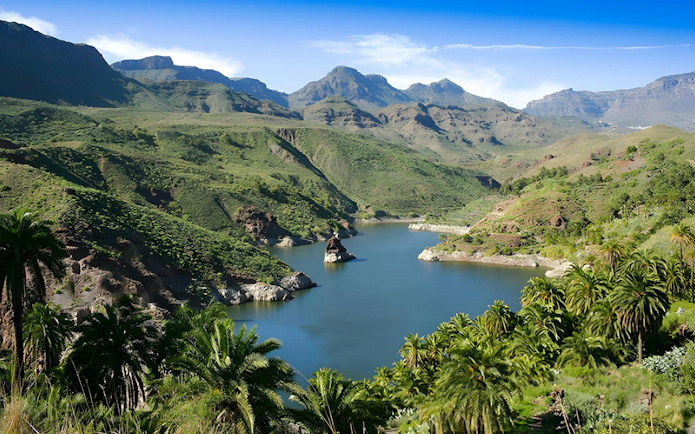Embalse de Tirajana with palm trees and mountains, Gran Canaria, Canary Islands, Spain.