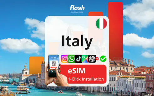 Italy eSIM installation with Milan cityscape in background.