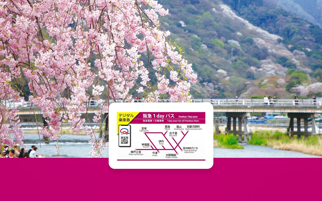 Cherry blossoms near a river with Hankyu 1-Day Pass map overlay.