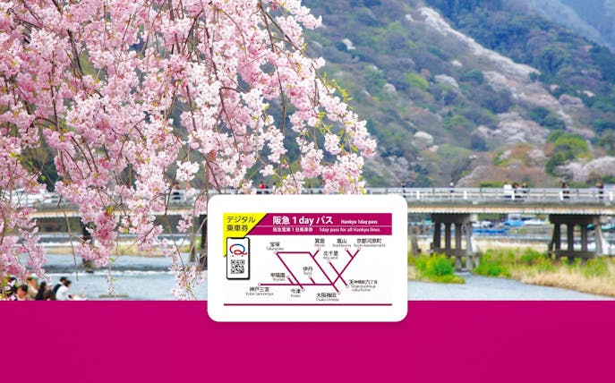 Cherry blossoms near a river with Hankyu 1-Day Pass map overlay.