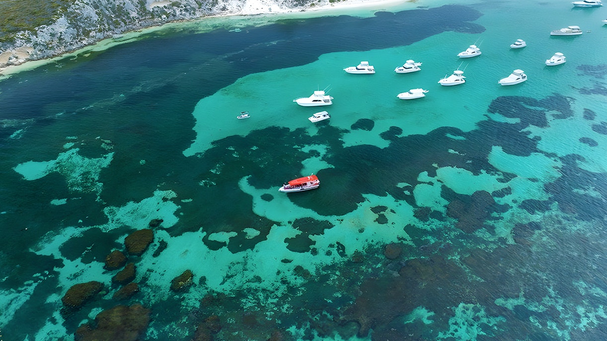 Aerial view of boats near Rottnest Island's turquoise waters on a ferry and adventure tour.