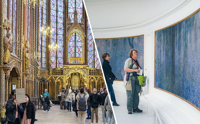Visitors inside Sainte-Chapelle and Orangerie Museum viewing stained glass and Monet paintings.