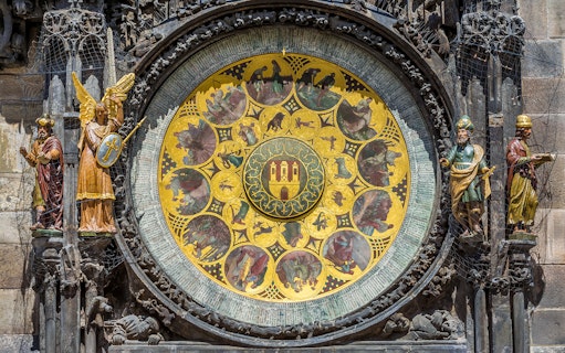Astronomical clock face with zodiac signs in Prague, Czech Republic.