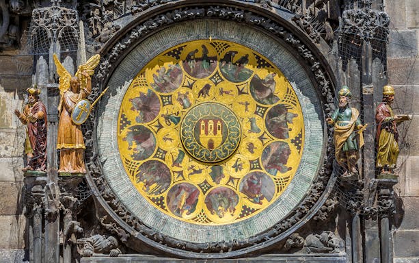 Astronomical clock face with zodiac signs in Prague, Czech Republic.
