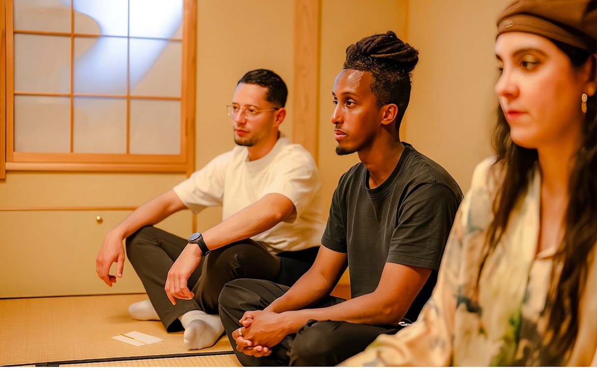 Tourists participating in a private tea ceremony in a traditional Japanese room.
