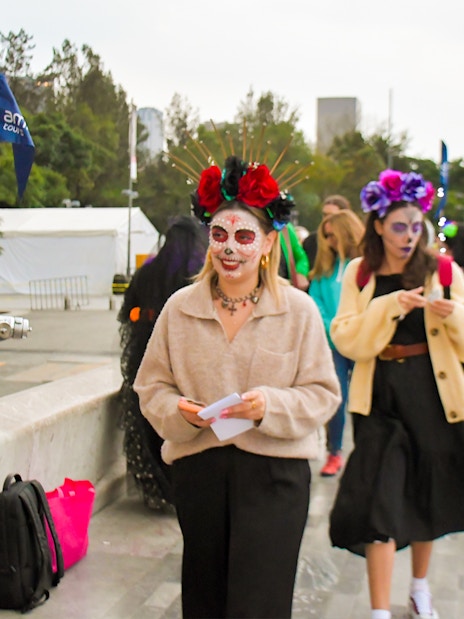 Tourists in face paint and costumes at Day of the Dead parade, Mexico City.
