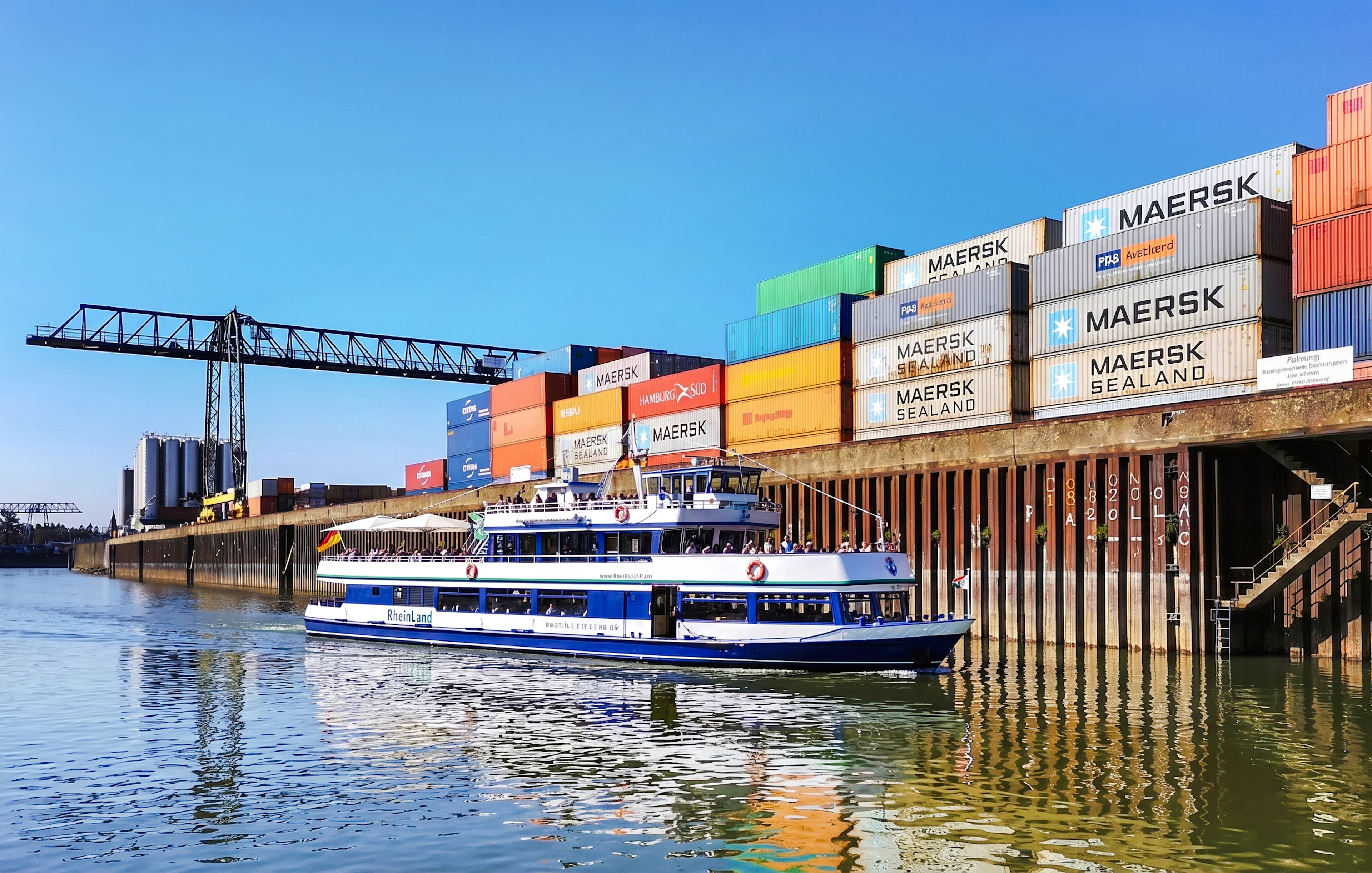 Cruise boat on Rhine River near Cologne container port.