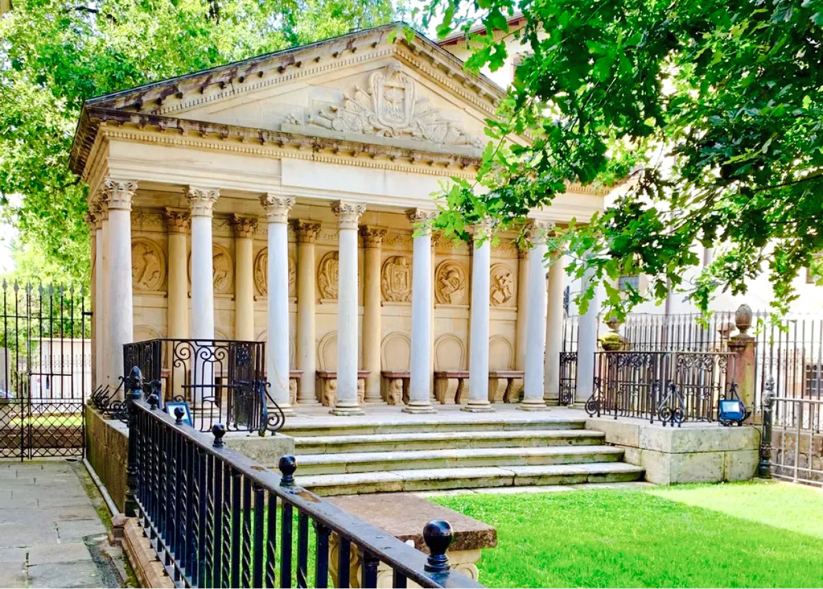Neoclassical building with columns and reliefs in San Sebastian.