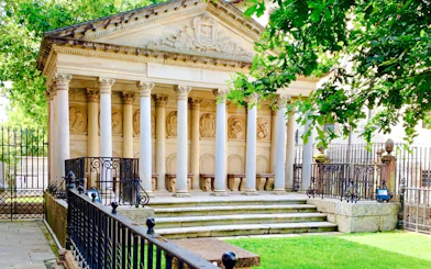 Neoclassical building with columns and reliefs in San Sebastian.