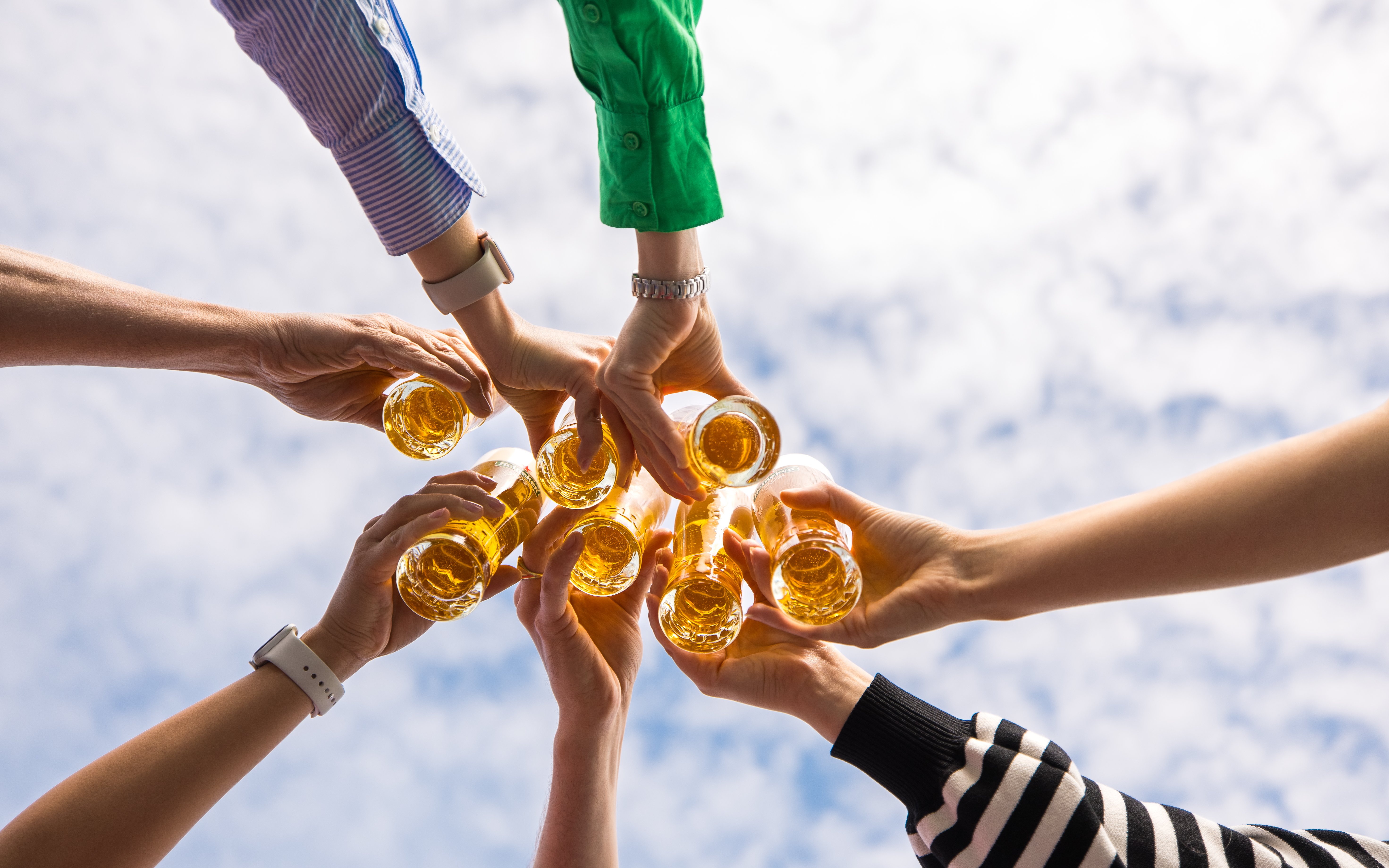 Group toasting with beer glasses under a blue sky at Heineken rooftop experience.