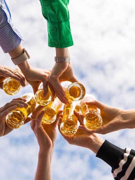 Group toasting with beer glasses under a blue sky at Heineken rooftop experience.