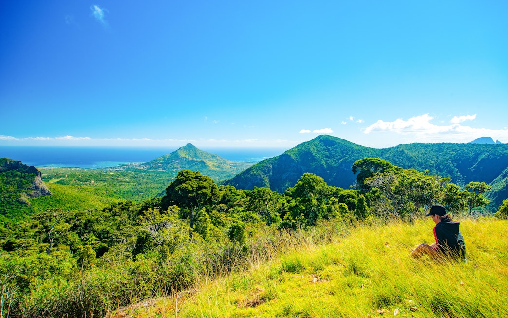 Scenic view of lush green mountains and ocean at La Vanille Nature Park, Mauritius.