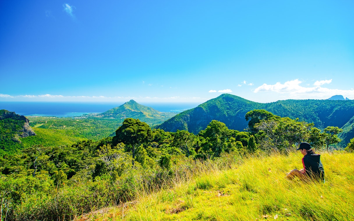 Scenic view of lush green mountains and ocean at La Vanille Nature Park, Mauritius.