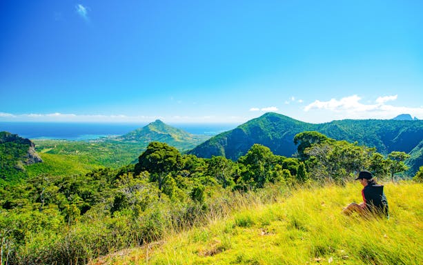 Scenic view of lush green mountains and ocean at La Vanille Nature Park, Mauritius.