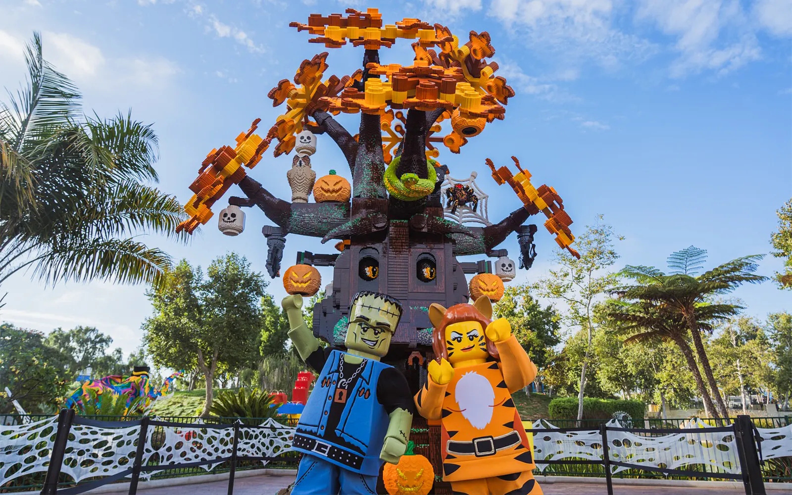 Lego Halloween tree with pumpkin decorations at Legoland Florida's Brick or Treat event.