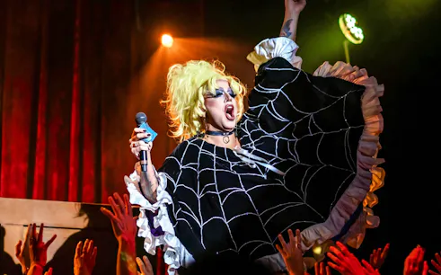 Performer on stage at Madame Arthur cabaret show with audience reaching up.