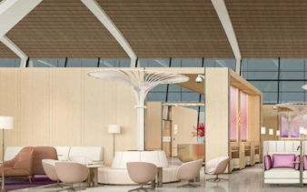 Luxurious lounge seating area at Shanghai Pudong International Airport.