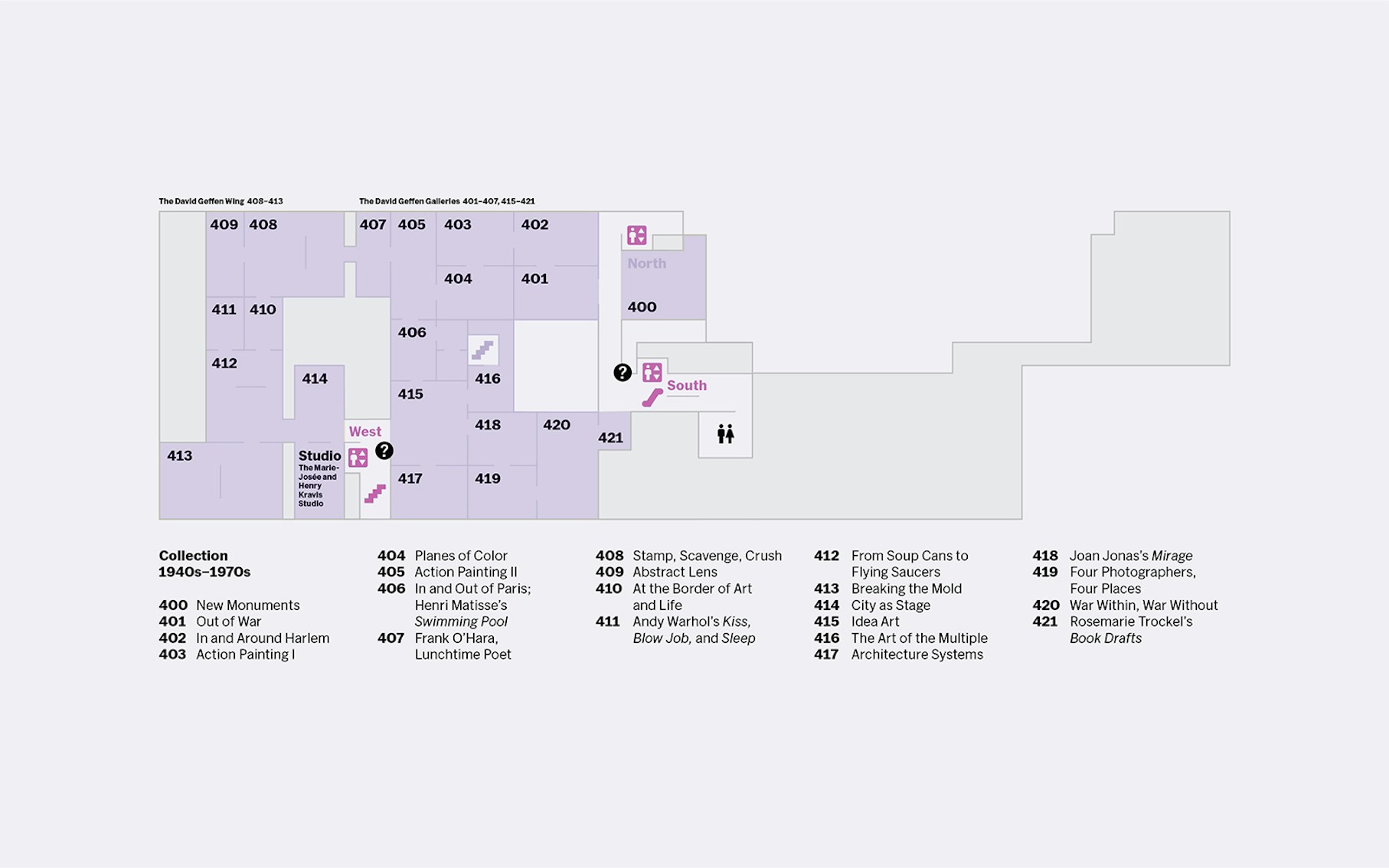 MoMA fourth floor map showing galleries and exhibits from 1940s-1970s, including Action Painting and Abstract Lens.