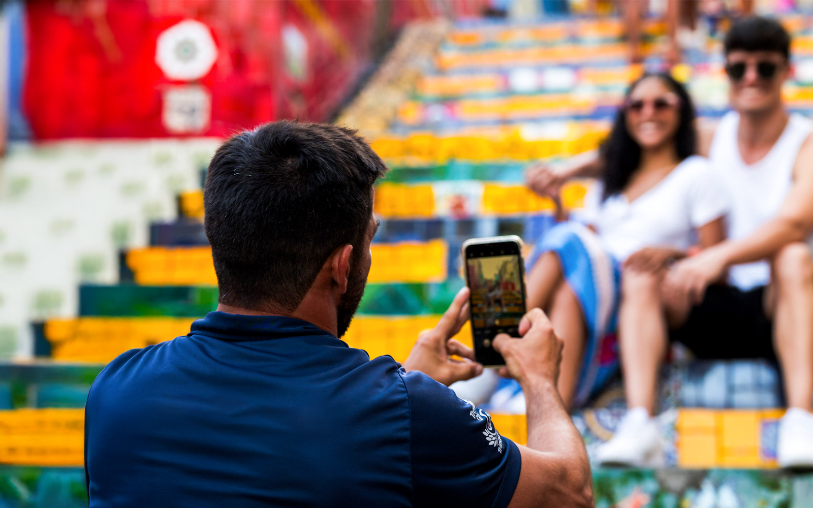 Guide with guests at Selarón Steps in Rio de Janeiro.
