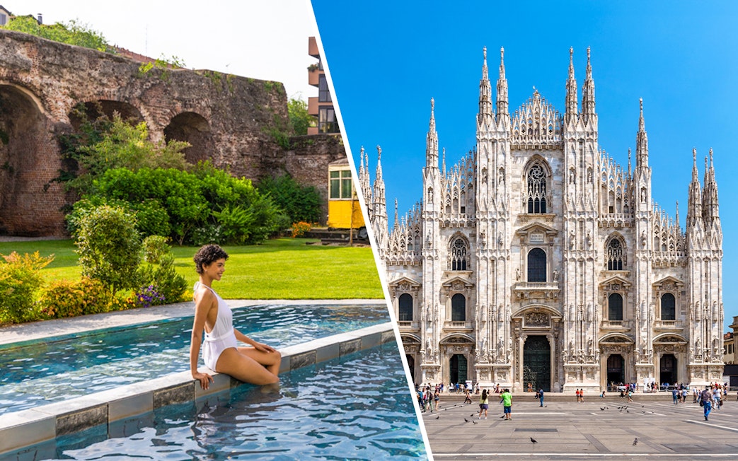 QC Terme Milano spa garden and Duomo Milan Cathedral facade.