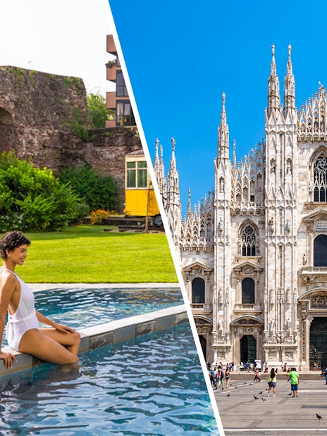 QC Terme Milano spa garden and Duomo Milan Cathedral facade.
