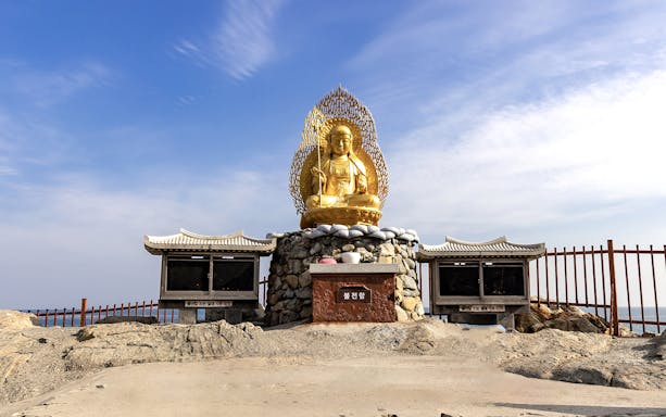 Golden Buddha statue at Haedong Yonggungsa Temple, Busan, during a city tour.