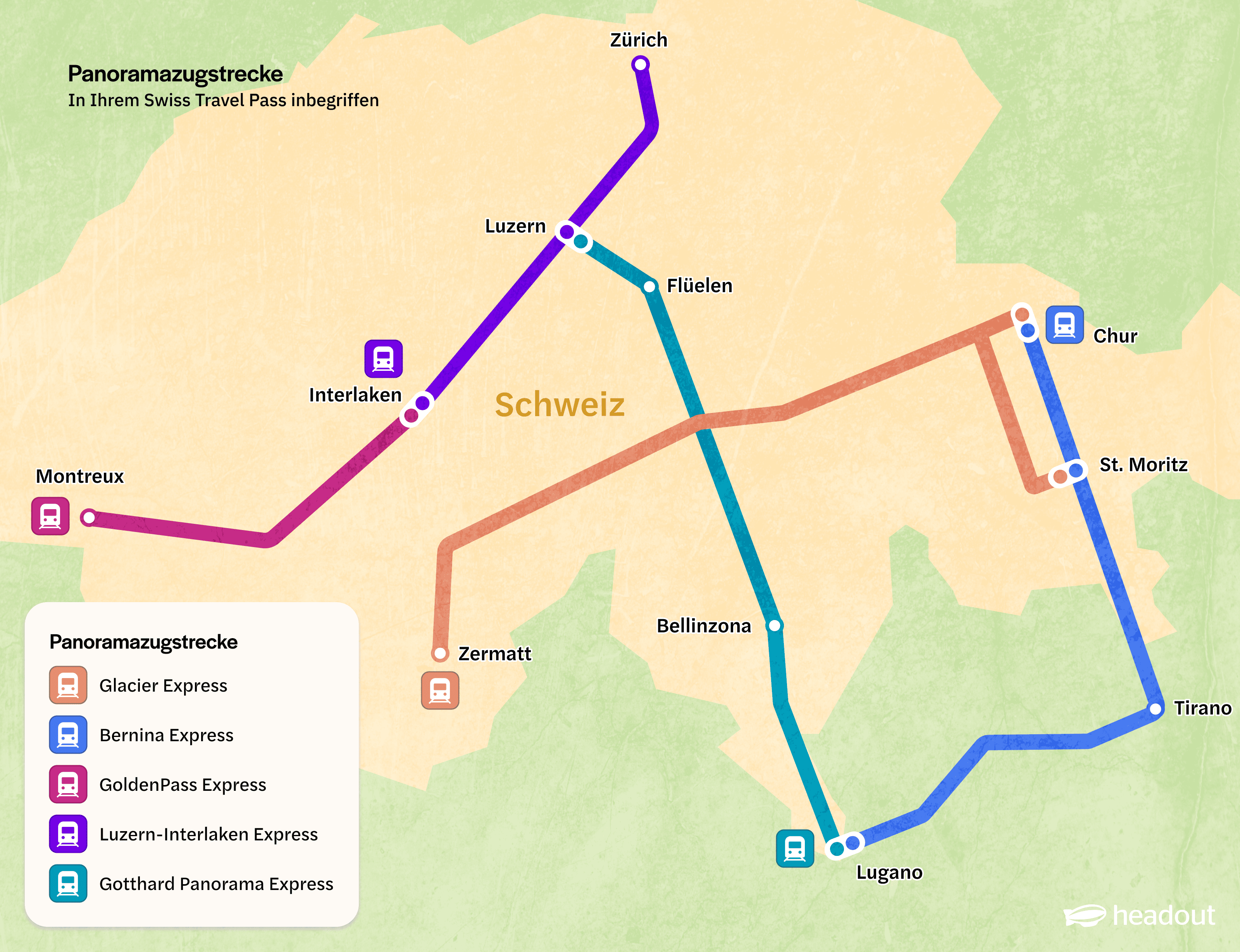 Karte der Panoramazugstrecken in der Schweiz mit farblich markierten Routen und Städtenamen.