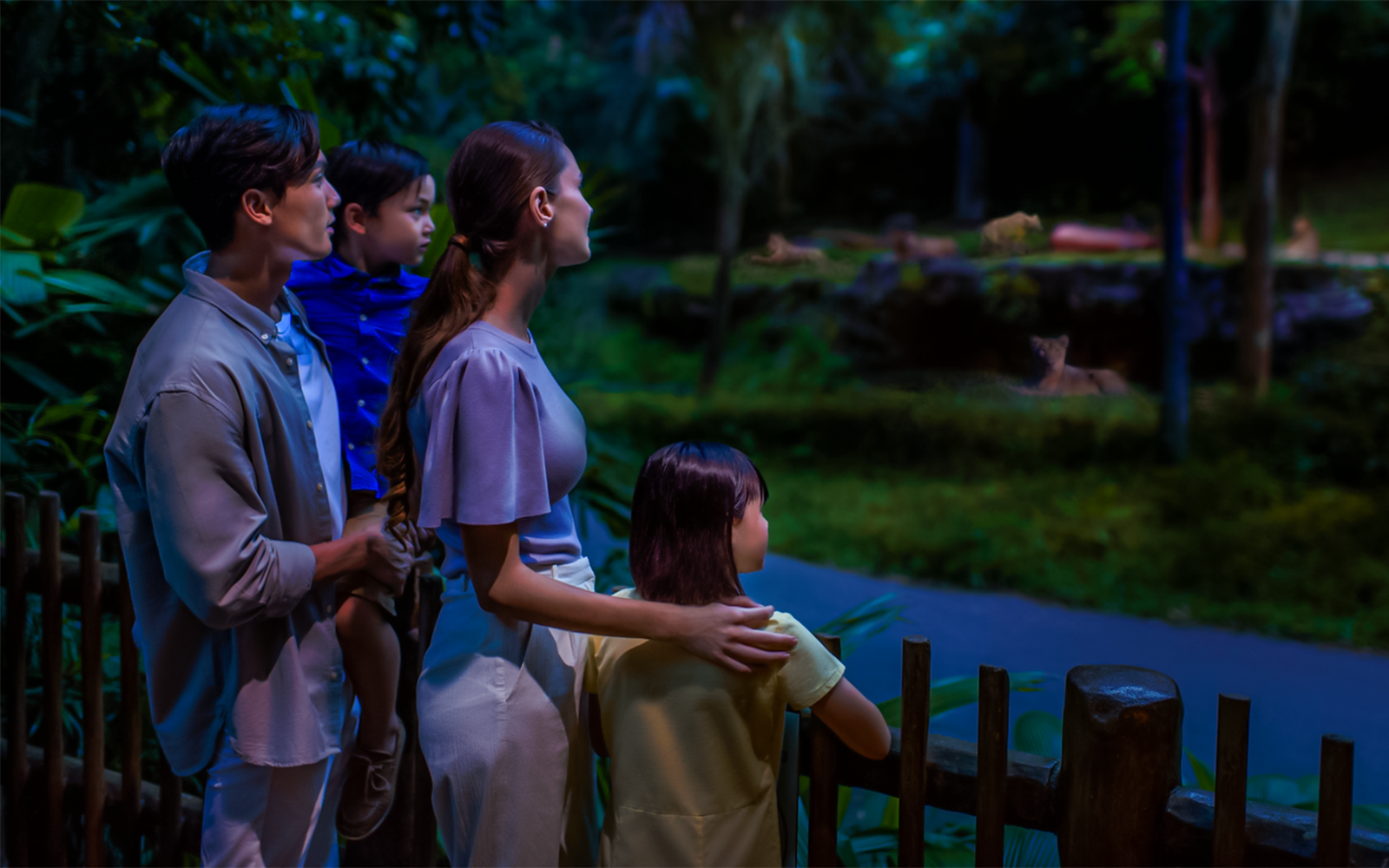 Family observing lions at Leopard Trail's Lion Lookout.
