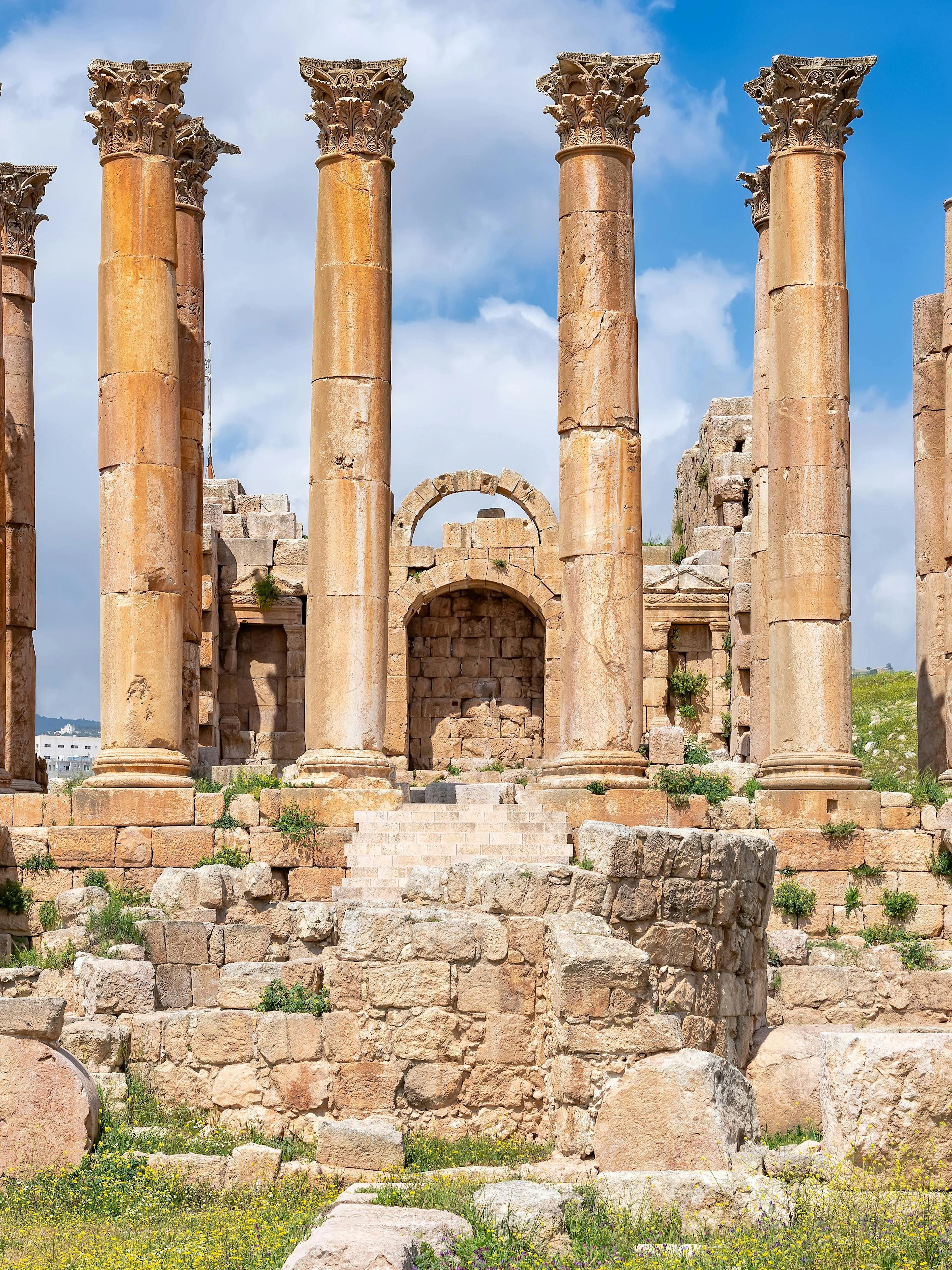 Temple of Artemis ruins with columns in Jerash, Jordan.