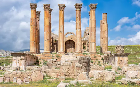 Temple of Artemis ruins with columns in Jerash, Jordan.
