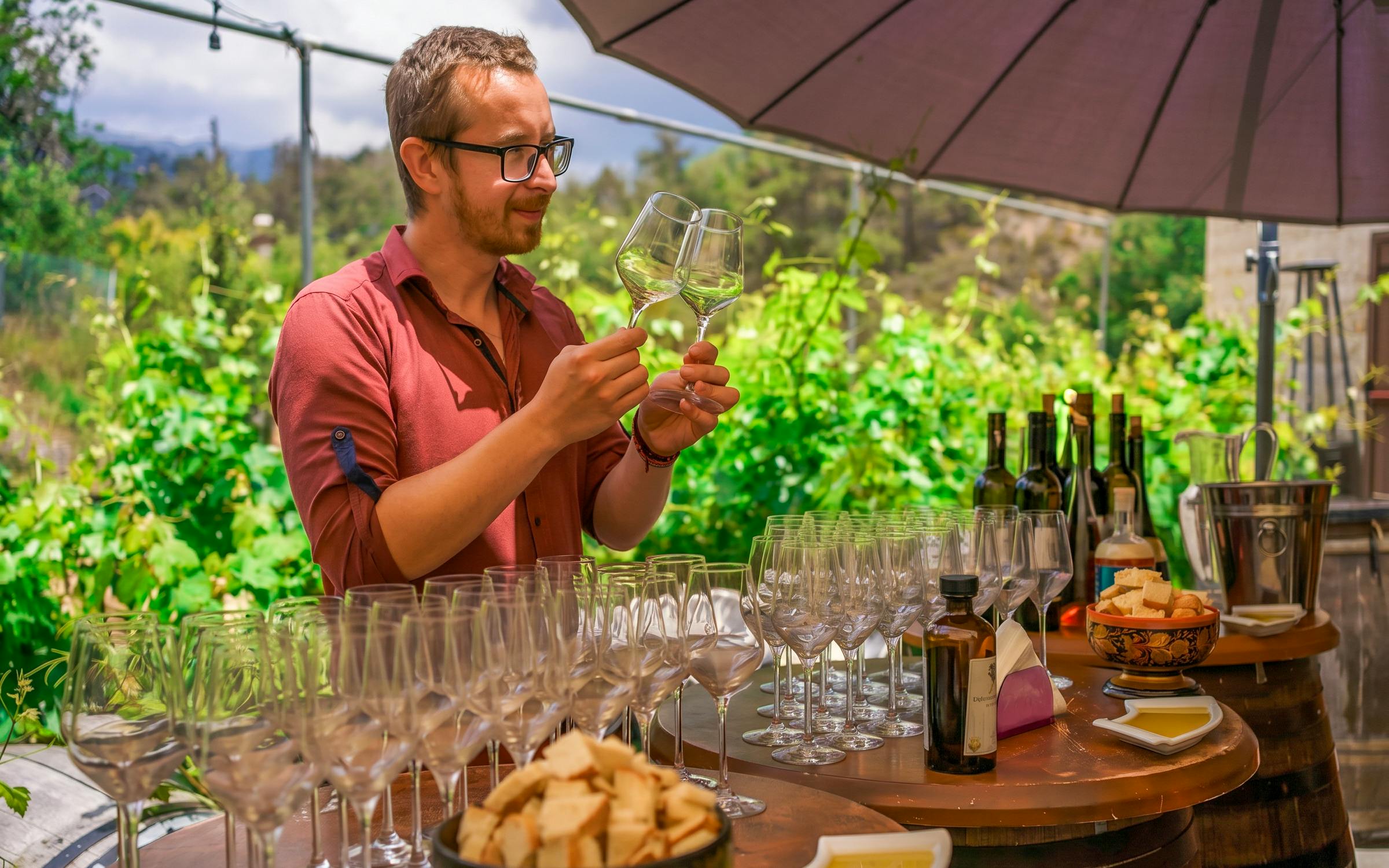 Wine tasting setup in Troodos Mountains vineyard during Paphos tour.