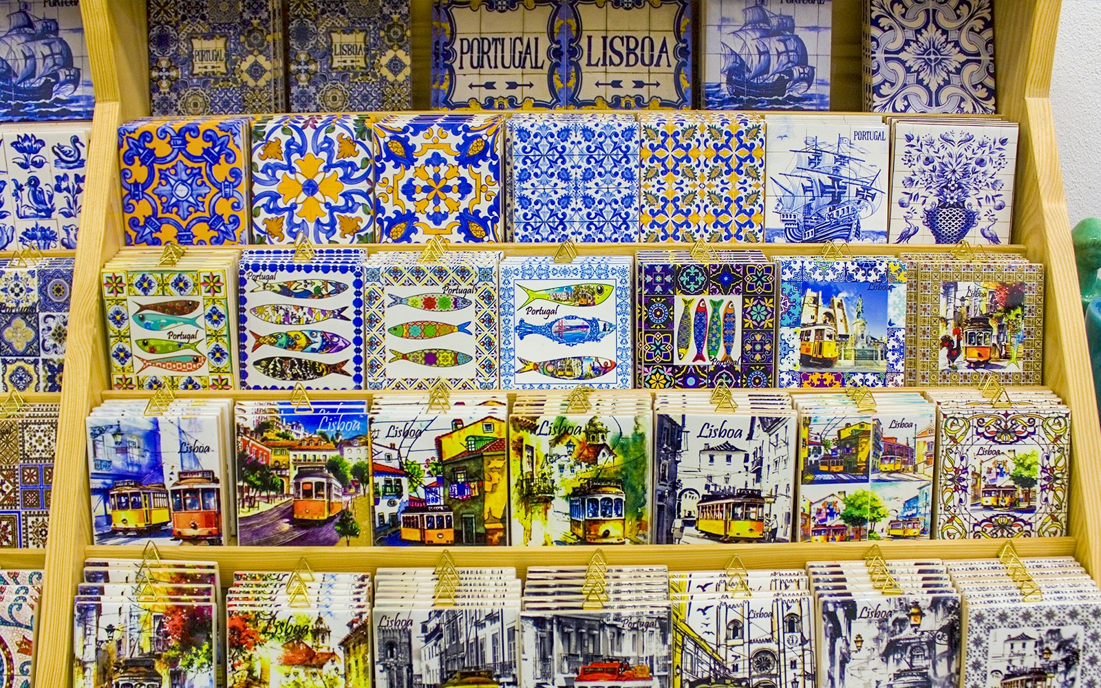 Ceramic tiles and pottery with traditional Portuguese designs in Lisbon, Portugal.