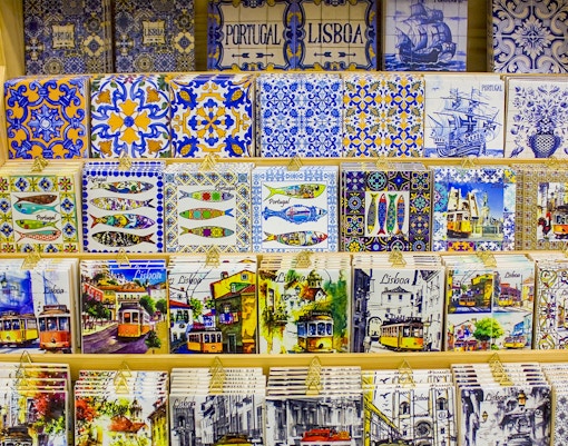 Ceramic tiles and pottery with traditional Portuguese designs in Lisbon, Portugal.