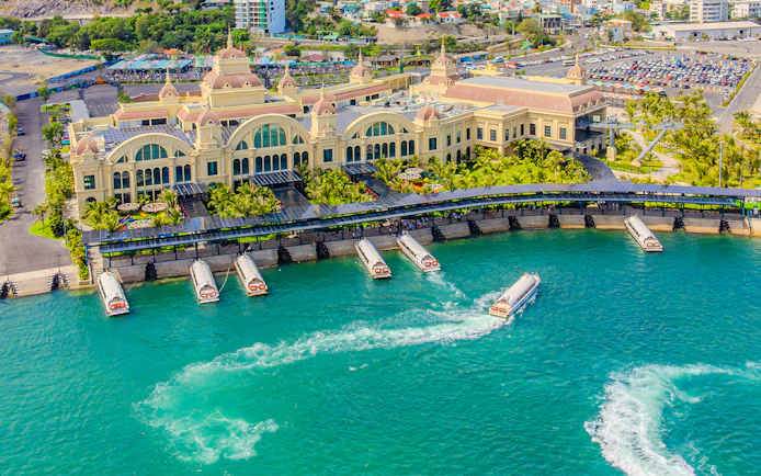 Speedboats docked at VinWonders Nha Trang Theme Park, Vietnam.