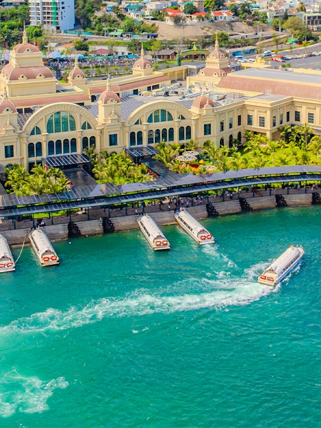 Speedboats docked at VinWonders Nha Trang Theme Park, Vietnam.