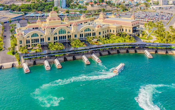 Speedboats docked at VinWonders Nha Trang Theme Park, Vietnam.