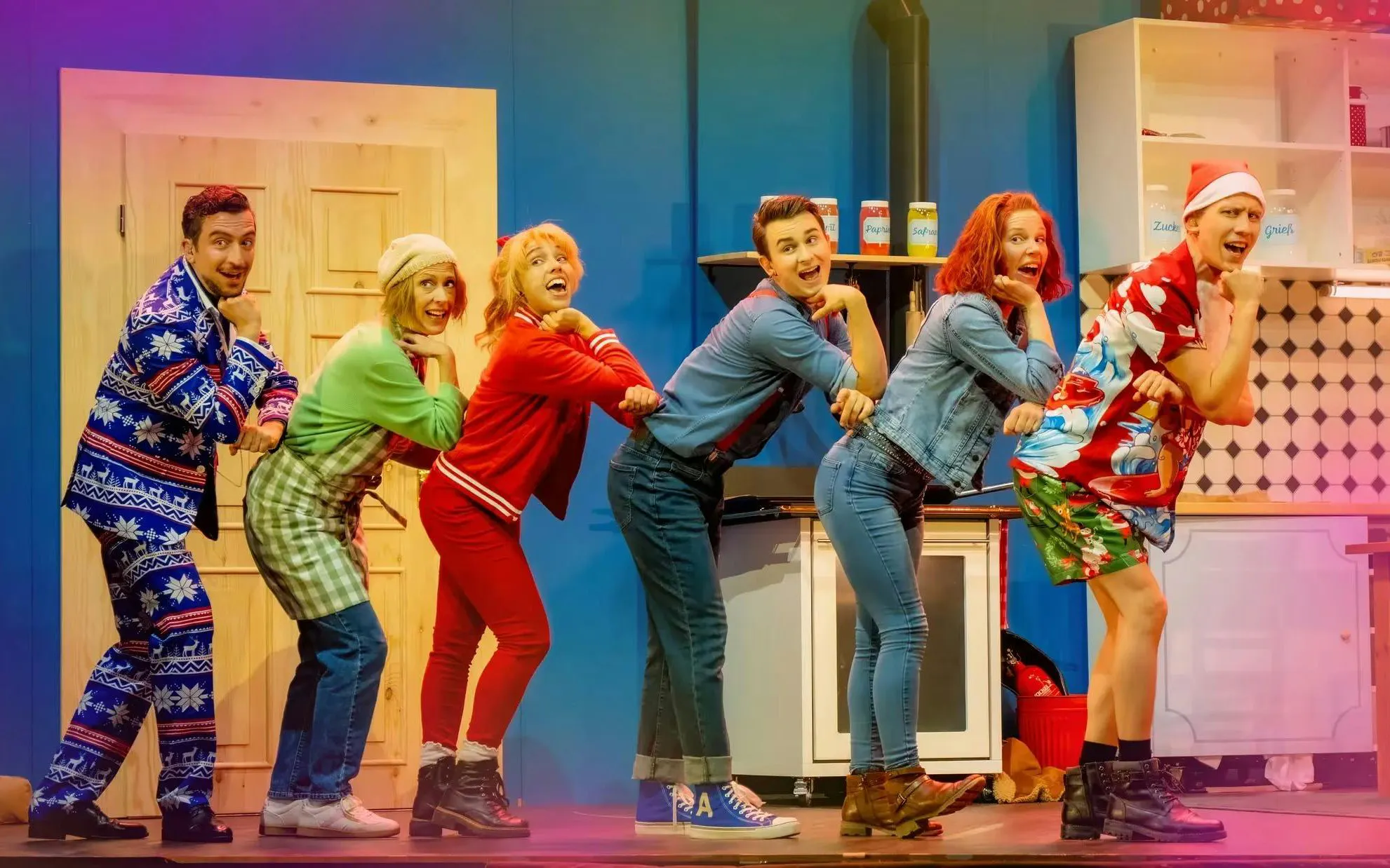 Performers in a line during Bibi & Tina musical in Berlin.