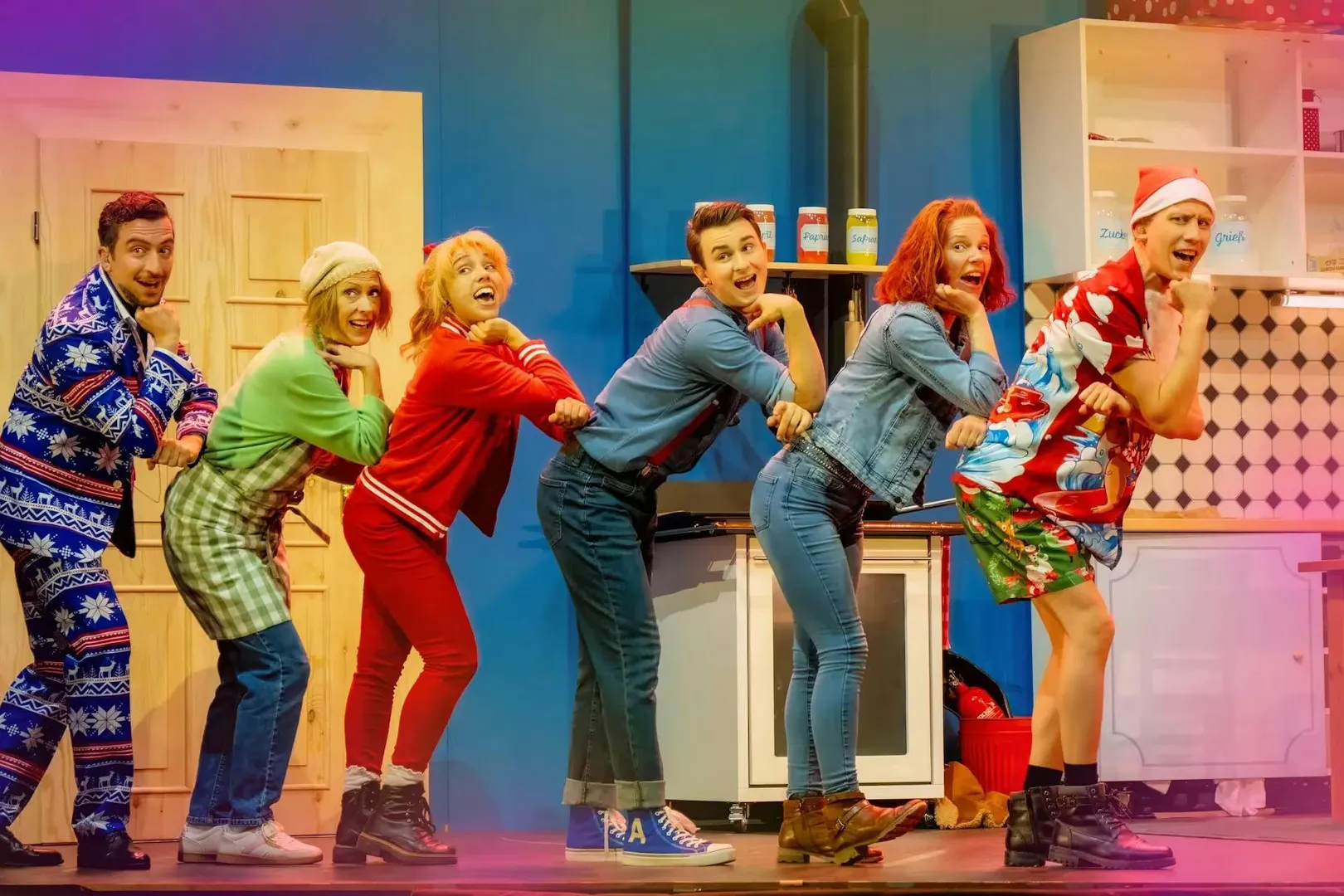 Performers in a line during Bibi & Tina musical in Berlin.