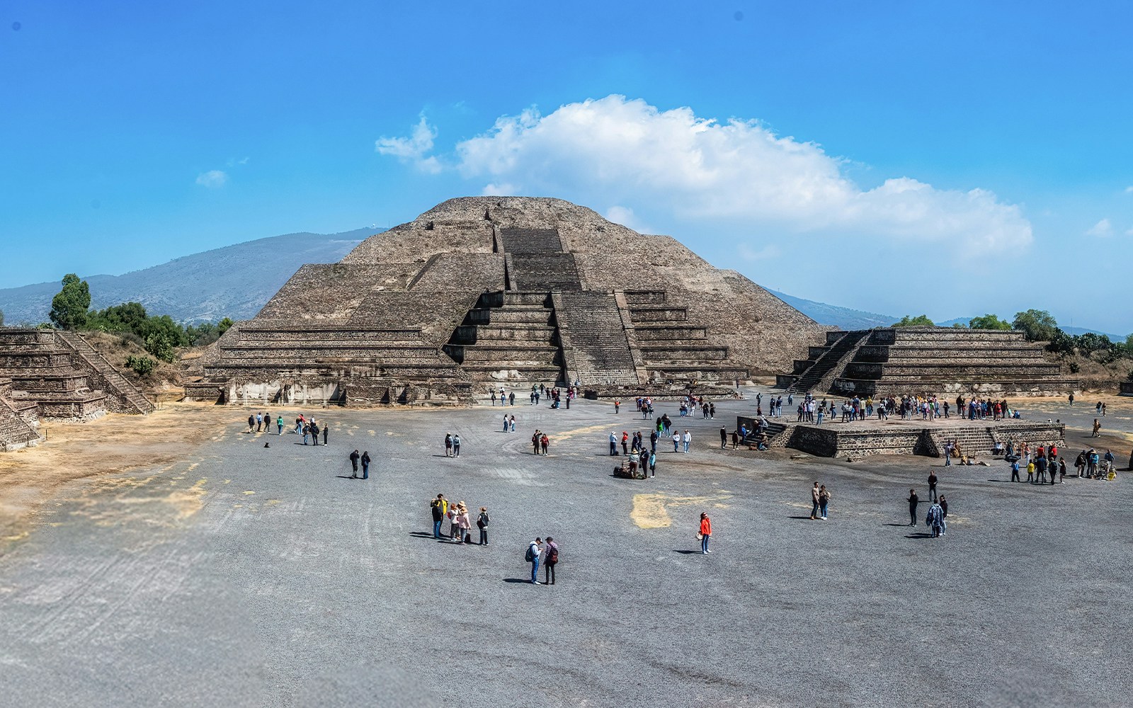 Teotihuacan Pyramid of the Moon with tourists on the way to the Dead Avenue, Mexico.