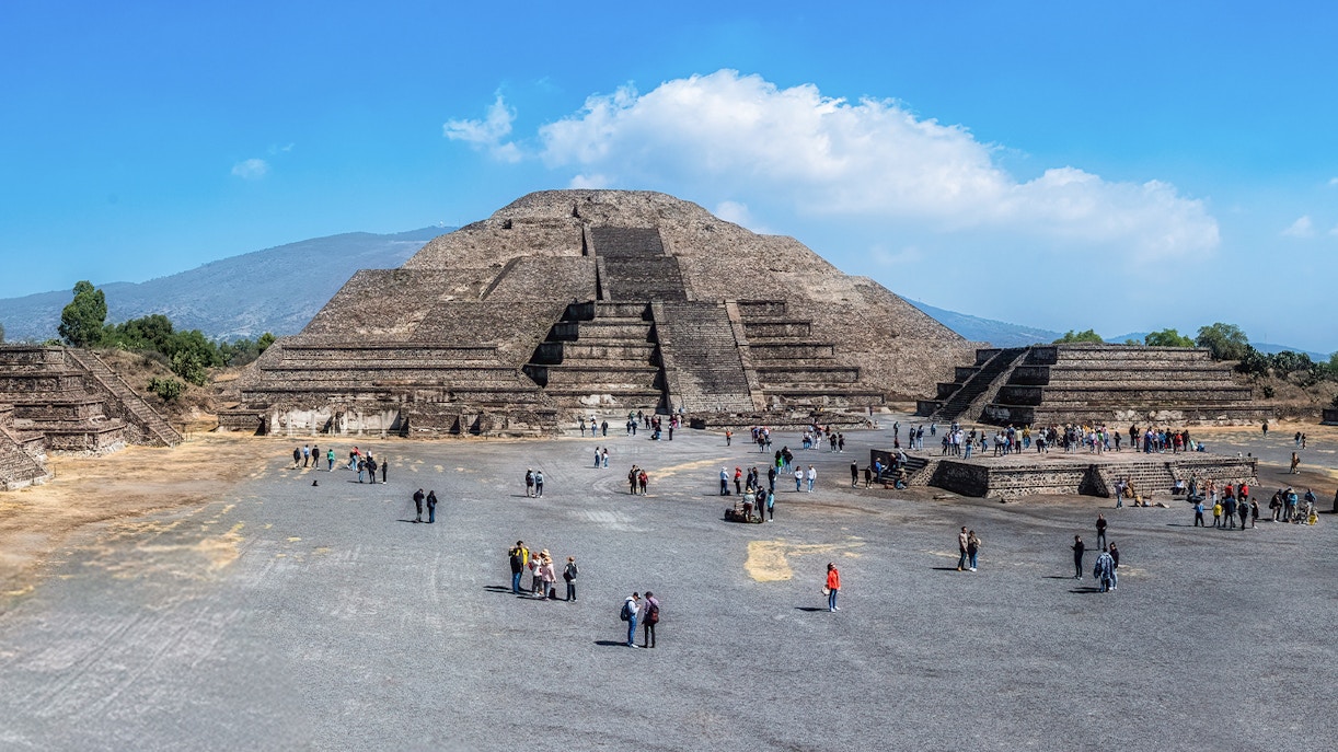 Teotihuacan Pyramid of the Moon with tourists on the way to the Dead Avenue, Mexico.